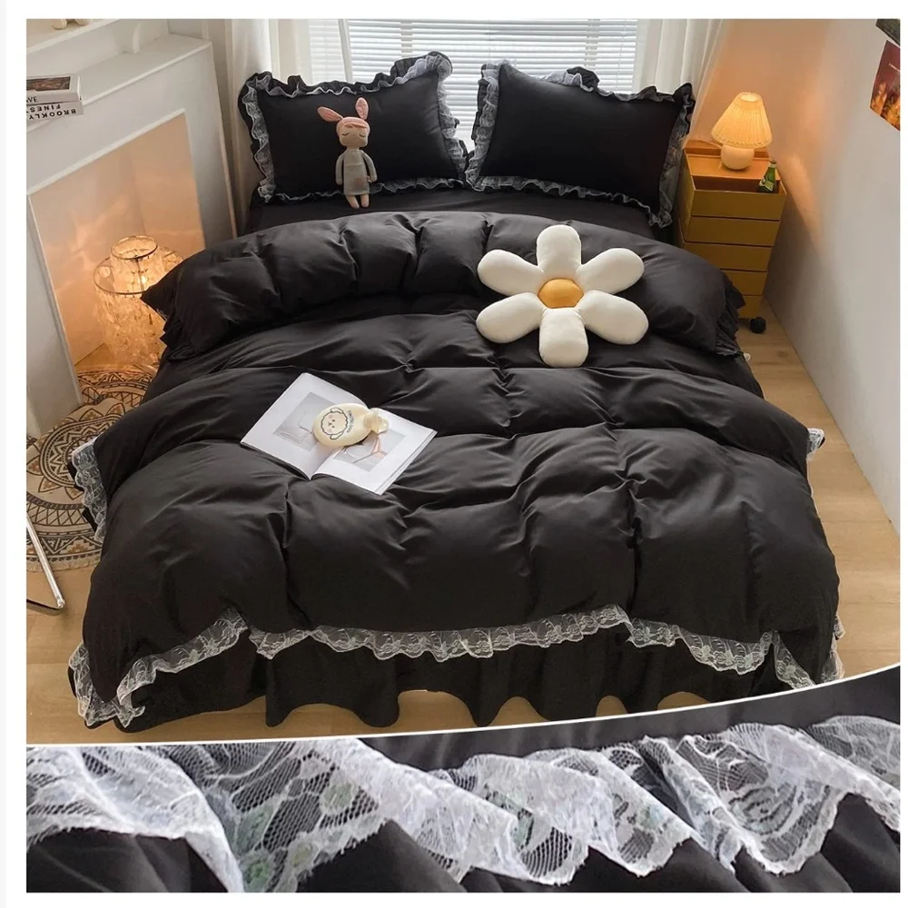 Ultra-soft Lightweight BLACK WHITE Chic Ruffle Lace Duvet 2Pc Set TWIN SIZE